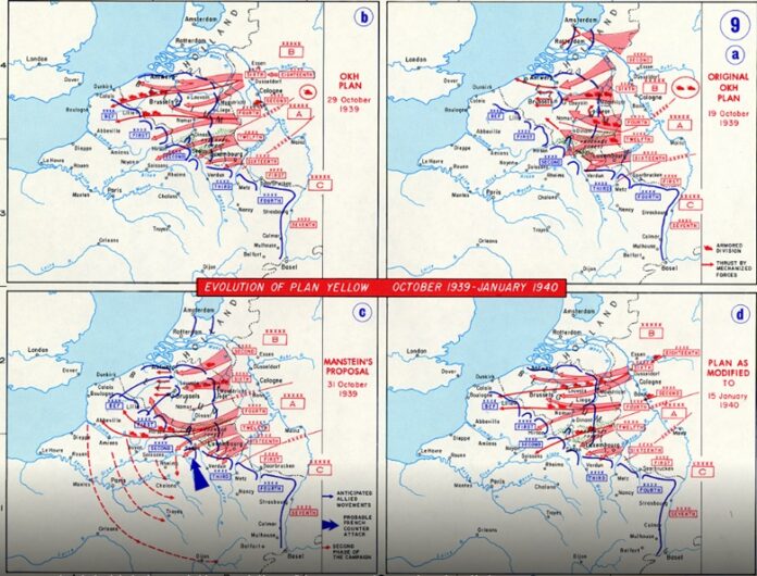 Overzichtskaart van de ontwikkeling van Operatie Fall Gelb met Duitse aanvalsroutes door Nederland, België en Frankrijk in 1940.
