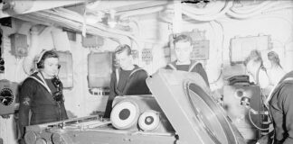 High Angle Control System (HACS): Engels Vuurleidingssysteem High Angle Control System Mk IV fire control computer on HMS Duke of York, showing deflection operator and range plot operator.