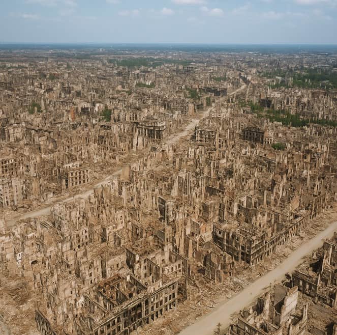 Luchtfoto van Berlijn in mei 1945 toont een stad vol ruïnes, ingestorte gebouwen en puin na de Slag om Berlijn.