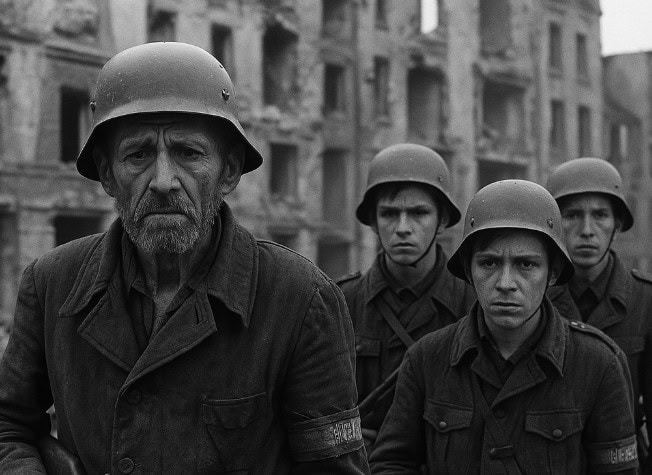 Vier jonge Duitse soldaten uit Volkssturm en Hitlerjugend poseren tussen ruïnes van Berlijn, vermoeid maar vastberaden.