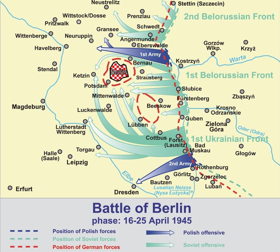 Kaart van de Slag om Berlijn, met militaire bewegingen en frontlinies tussen 16 en 25 april 1945 tijdens het Sovjetoffensief.