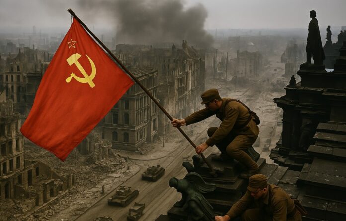 Sovjetsoldaten hijsen de rode vlag op een Berlijns gebouw, met verwoeste stad en tanks op de achtergrond, mei 1945.