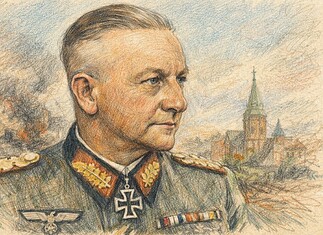 Hermann Niehoff (1897–1980) – Duits generaal WO II Kleurenpotloodtekening van Hermann Niehoff, Duits generaal, in uniform, afgebeeld in profiel tegen een stedelijke achtergrond uit 1945.