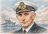 Robert Sherbrooke en de Slag in de Barentszzee Kleurenpotloodtekening van Robert St Vincent Sherbrooke, Britse marineofficier, afgebeeld in uniform tegen maritieme achtergrond