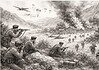 Slag om de Vercors 1944: maquis, FFI vs Wehrmacht. Potloodtekening van gevechten op het Vercors-plateau in 1944 met maquisards, Duitse luchtlandingseenheden en dorpsbebouwing.