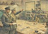 Evolutie van Command & Control 1870–1945 Kleurenpotloodtekening van een WO2 commandocentrum met kaarttafel, radarapparatuur en officieren in overleg