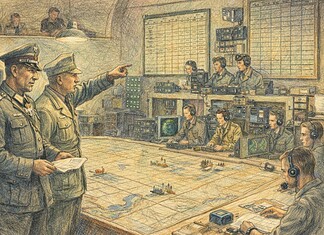 Evolutie van Command & Control 1870–1945 Kleurenpotloodtekening van een WO2 commandocentrum met kaarttafel, radarapparatuur en officieren in overleg