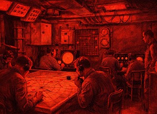 Het Combat Information Center won de zeeoorlog. Combat Information Center met rode verlichting, bemanning rond plottafel en radarschermen aan boord van oorlogsschip