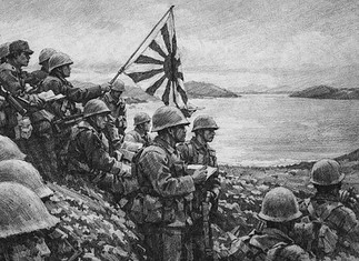 Slag bij Kota Bharu 1941: Japanse landing in Malaya Japanse landingstroepen naderen het strand bij Kota Bharu in december 1941 tijdens de eerste fase van de Japanse invasie van Malaya.