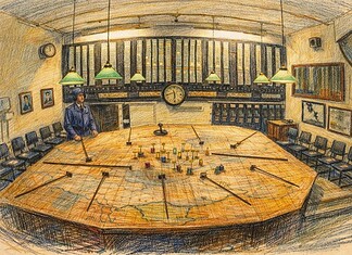 Dowding-systeem en luchtverdediging 1940 Operatiekamer van RAF Fighter Command met kaarttafel en gekleurde markeringen tijdens de Slag om Engeland