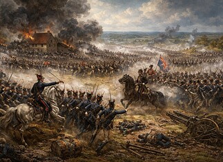 Slag bij Waterloo 1815: Verloop en Gevolgen Franse en coalitietroepen in gevecht bij Waterloo op 18 juni 1815 nabij Mont-Saint-Jean tijdens beslissende veldslag