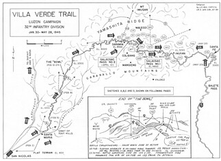 Slag om de Villa Verde Trail Luzon 1945 strijd in berggebied Kaart van de gevechten langs de Villa Verde Trail op Luzon met routes, passen en posities van Amerikaanse en Japanse troepen in 1945