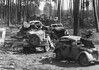 Slag om Halbe 1945: Uitbraak Negende Leger Vernietigde Duitse colonne met voertuigen en materieel langs bosweg bij Spreewald tijdens de Slag om Halbe in april 1945