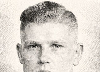 Jacob Luitjens: collaborateur vlucht en uitzetting Zwart-wit portret van Jacob Luitjens in uniform tijdens de Tweede Wereldoorlog, met korte haardracht en gesloten blik