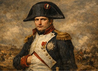 Napoleon Bonaparte leven en oorlog 1769–1821 Napoleon Bonaparte in militair uniform met bicorne hoed en hand in jas, symbool van zijn leiderschap en rol als keizer