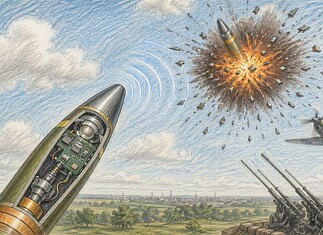 Nabijheidsontstekers en radar in granaten Artilleriegranaat met radarontsteker die nabij doel ontploft en scherven verspreidt in lucht voor maximale werking tegen doelen