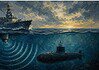 Sonar en onderzeeboten detectie met geluidsgolven Sonarsysteem dat geluidsgolven uitzendt en echo’s opvangt om onderzeeboten onder water te detecteren en te lokaliseren