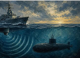 Sonar en onderzeeboten detectie met geluidsgolven Sonarsysteem dat geluidsgolven uitzendt en echo’s opvangt om onderzeeboten onder water te detecteren en te lokaliseren