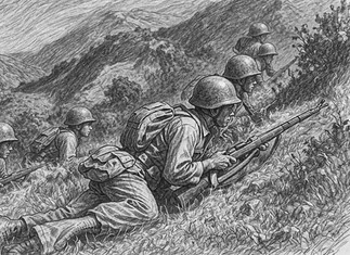 Slag om Bessang Pass Luzon 1945 berggebied Filipijnse soldaten in dekking op berghelling Luzon 1945 tijdens aanval op Japanse stellingen in Bessang Pass