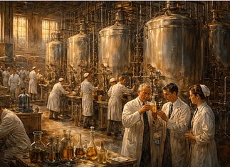 Penicilline in WOII: doorbraak in geneeskunde Productie van penicilline in fermentatietanks tijdens de Tweede Wereldoorlog met industriële apparatuur en laboratoriumpersoneel