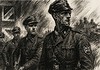 British Free Corps in Nazi-Duitsland 1943-1945 Houtskooltekening van Britse vrijwilligers in Waffen-SS-uniform tijdens de Tweede Wereldoorlog met Britse vlag op achtergrond