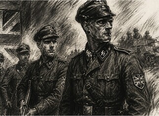 British Free Corps in Nazi-Duitsland 1943-1945 Houtskooltekening van Britse vrijwilligers in Waffen-SS-uniform tijdens de Tweede Wereldoorlog met Britse vlag op achtergrond