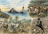 Cubaanse Onafhankelijkheidsoorlog 1895-1898 Cubaanse strijders en Amerikaanse troepen bij kust, gewonden verzorgd en scheepswrak zichtbaar tijdens oorlog van 1895-1898