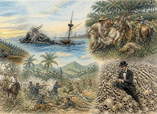 Cubaanse Onafhankelijkheidsoorlog 1895-1898 Cubaanse strijders en Amerikaanse troepen bij kust, gewonden verzorgd en scheepswrak zichtbaar tijdens oorlog van 1895-1898