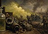 Diphosgeen 1916: chemie en oorlogvoering Glazen laboratoriumfles met diphosgeen naast militaire gasmaskers uit de Eerste Wereldoorlog in een donkere opslagruimte