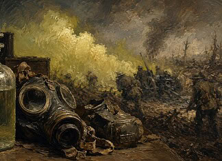 Diphosgeen 1916: chemie en oorlogvoering Glazen laboratoriumfles met diphosgeen naast militaire gasmaskers uit de Eerste Wereldoorlog in een donkere opslagruimte