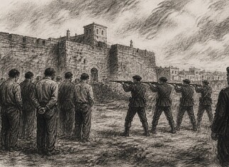 Massamoord Badajoz 1936 stad en executies Gevangenen in Plaza de toros van Badajoz kort na inname stad augustus 1936 tijdens massale arrestaties en executies