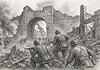 Slag om Badajoz 1936 opmars Extremadura Straatgevechten in Badajoz augustus 1936 met troepen bij stadspoorten, beschadigde muren en rook van artilleriebeschietingen