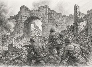 Slag om Badajoz 1936 opmars Extremadura Straatgevechten in Badajoz augustus 1936 met troepen bij stadspoorten, beschadigde muren en rook van artilleriebeschietingen