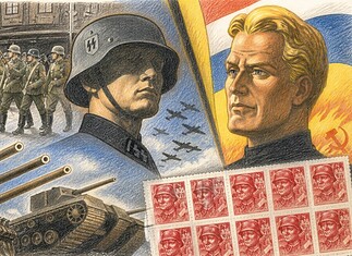 Vrijwilligerslegioen Nederland Oostfront 1941 Kleurenpotloodtekening van Vrijwilligerslegioen Nederland met soldaten, tanks, vliegtuigen en propagandabeelden uit de Tweede Wereldoorlog