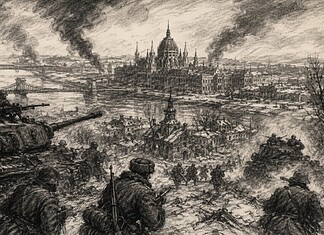 Strijd om Hongarije aan het Oostfront Sovjettroepen en Duitse pantserwagens tijdens de strijd om Hongarije nabij Budapest in de winter van 1944-1945