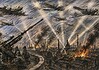 Rijksverdediging Duitsland 1939-1945 (luchtverdediging) Kleurenpotloodillustratie van de Defence of the Reich met Flak 88, B-17-bommenwerpers, P-51-jagers en Duitse luchtverdediging.