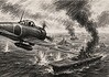 Kamikaze Japan 1944–1945 en de oorlog op zee Japanse kamikazepiloot in een Mitsubishi Zero tijdens een aanval op geallieerde oorlogsschepen in de Stille Oceaan