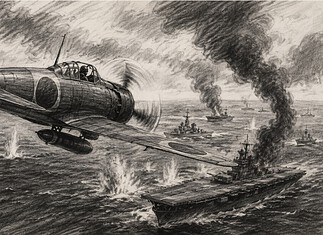 Kamikaze Japan 1944–1945 en de oorlog op zee Japanse kamikazepiloot in een Mitsubishi Zero tijdens een aanval op geallieerde oorlogsschepen in de Stille Oceaan