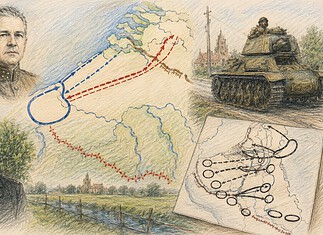 Peel-Raamstelling: Reijnders, Winkelman en Plan D 1940 Kleurenpotloodtekening van Reijnders, Winkelman, Henri Giraud, Plan D, de Peel-Raamstelling en Duitse opmars