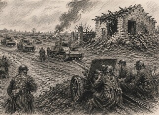 Slag om Guadalajara 1937 strijd om Madrid Illustratie van de Slag om Guadalajara in maart 1937 met troepen, artillerie en pantservoertuigen tijdens gevechten