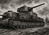 FCM F1 zware tank Frankrijk 1940 FCM F1 superzware Franse tank als grove houtskooltekening met twee koepels op ruw terrein tijdens de Tweede Wereldoorlog