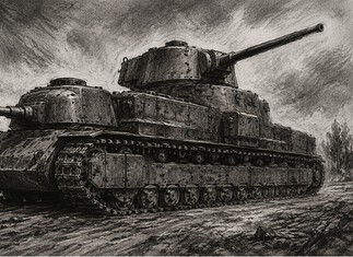 FCM F1 zware tank Frankrijk 1940 FCM F1 superzware Franse tank als grove houtskooltekening met twee koepels op ruw terrein tijdens de Tweede Wereldoorlog