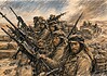 Long Range Desert Group in Libië 1940 operaties Long Range Desert Group in Noord-Afrika, soldaten op gewapende voertuigen in de woestijn, grove kleuren houtskoolstijl.