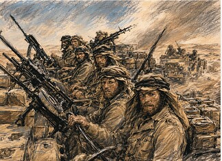Long Range Desert Group in Libië 1940 operaties Long Range Desert Group in Noord-Afrika, soldaten op gewapende voertuigen in de woestijn, grove kleuren houtskoolstijl.