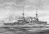 HMS Indomitable Britse slagkruiser WO1 Illustratie van de Britse slagkruiser HMS Indomitable tijdens de proefvaart kort na de indienststelling in 1908.