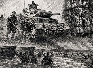 Duitse 21e Pantserdivisie 1941-45 van Afrika tot Europa Duitse pantserwagen met soldaten en infanterie tijdens gevechten in de Tweede Wereldoorlog