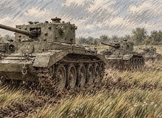 Cavalier A24 Britse kruisertank uit 1942 Drie Cavalier A24-tanks rijden door een modderig weiland in een grove gekleurde houtskooltekening.