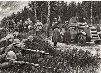 Lichte Divisie in mei 1940: opbouw en oorlogsinzet Nederlandse militairen liggen tussen de heide met geweren en een zware mitrailleur naast een dennenboom.