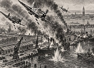 Operatie Bowler: luchtaanval op Venetië in 1945 Geallieerde jachtbommenwerpers vallen schepen en haveninstallaties in Venetië aan tijdens Operatie Bowler op 21 maart 1945.