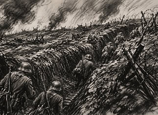 Infiltratietactieken Europa 1915–1918 (stormtroepen-tactiek) Duitse stormtroepen bewegen tijdens de Eerste Wereldoorlog in kleine groepen door loopgraven en omzeilen sterke posities.